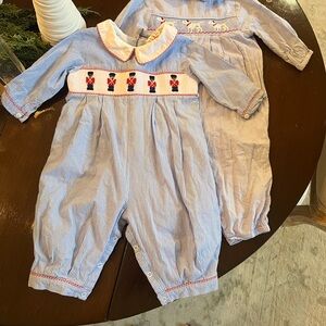 Blue and White Smocked Baby boy Rompers with Red Accents - set of 2
